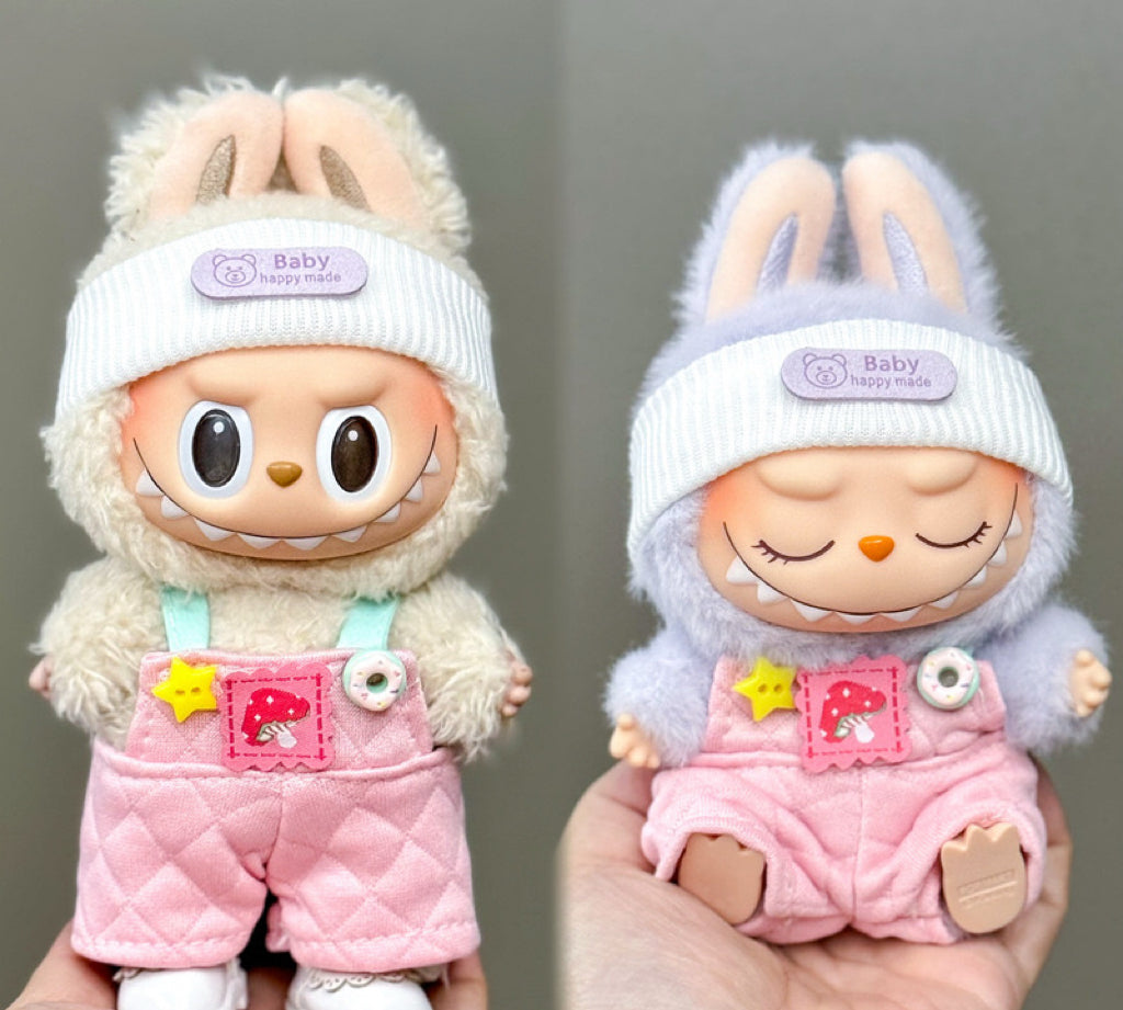 Labubu Clothing – Quilted Pink Overalls & Sherpa Bunny Hooded Headband
